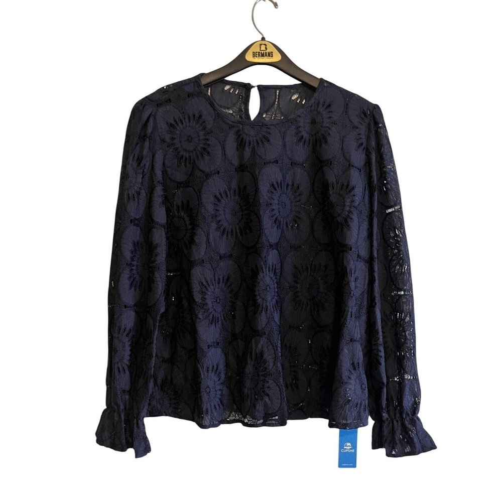 Cupshe Up Womens XXL Blue Lace Floral Sheer Long Sleeve Swim Beach Top